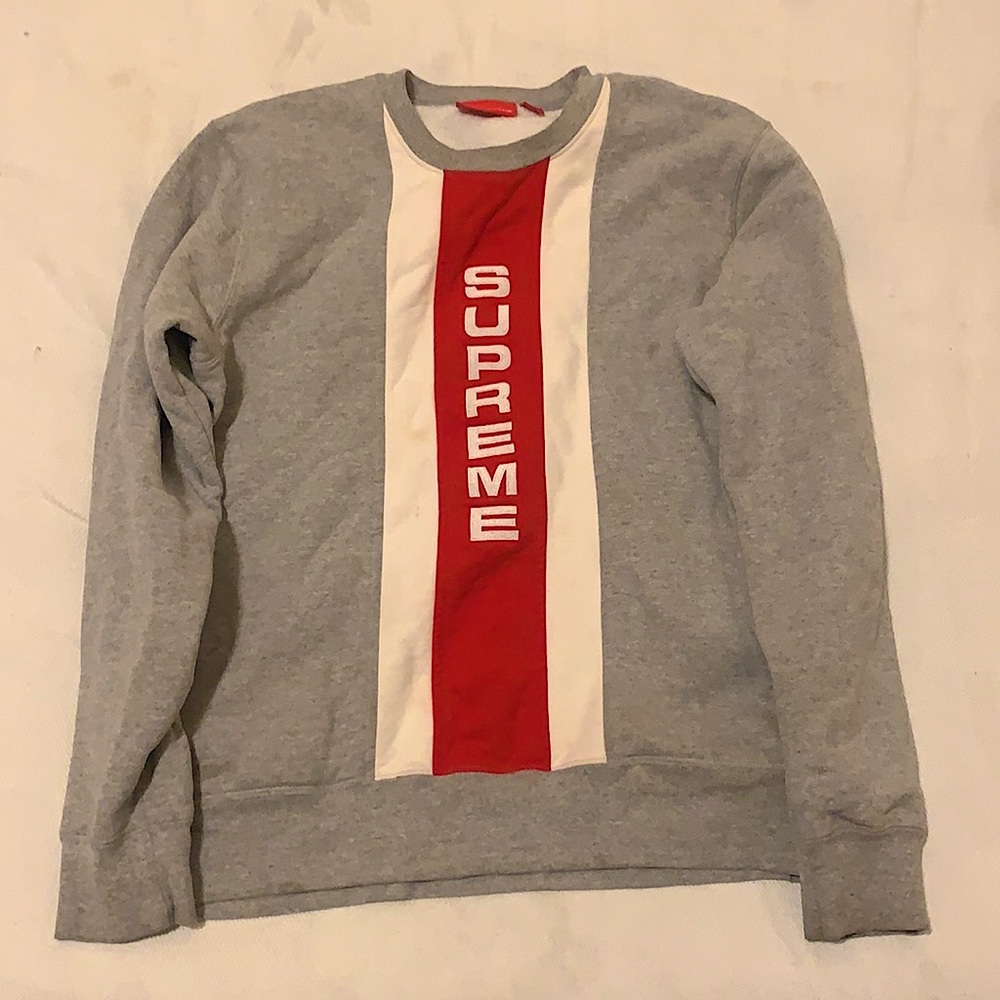 Supreme Grey and red supreme vertical crew neck.